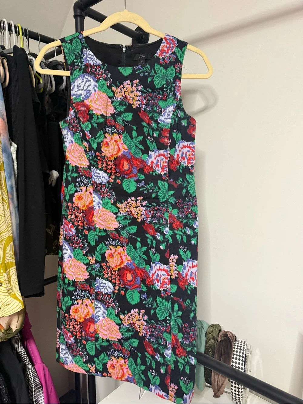 J. Crew Black Floral Sheath Dress with Green and Coral Accents